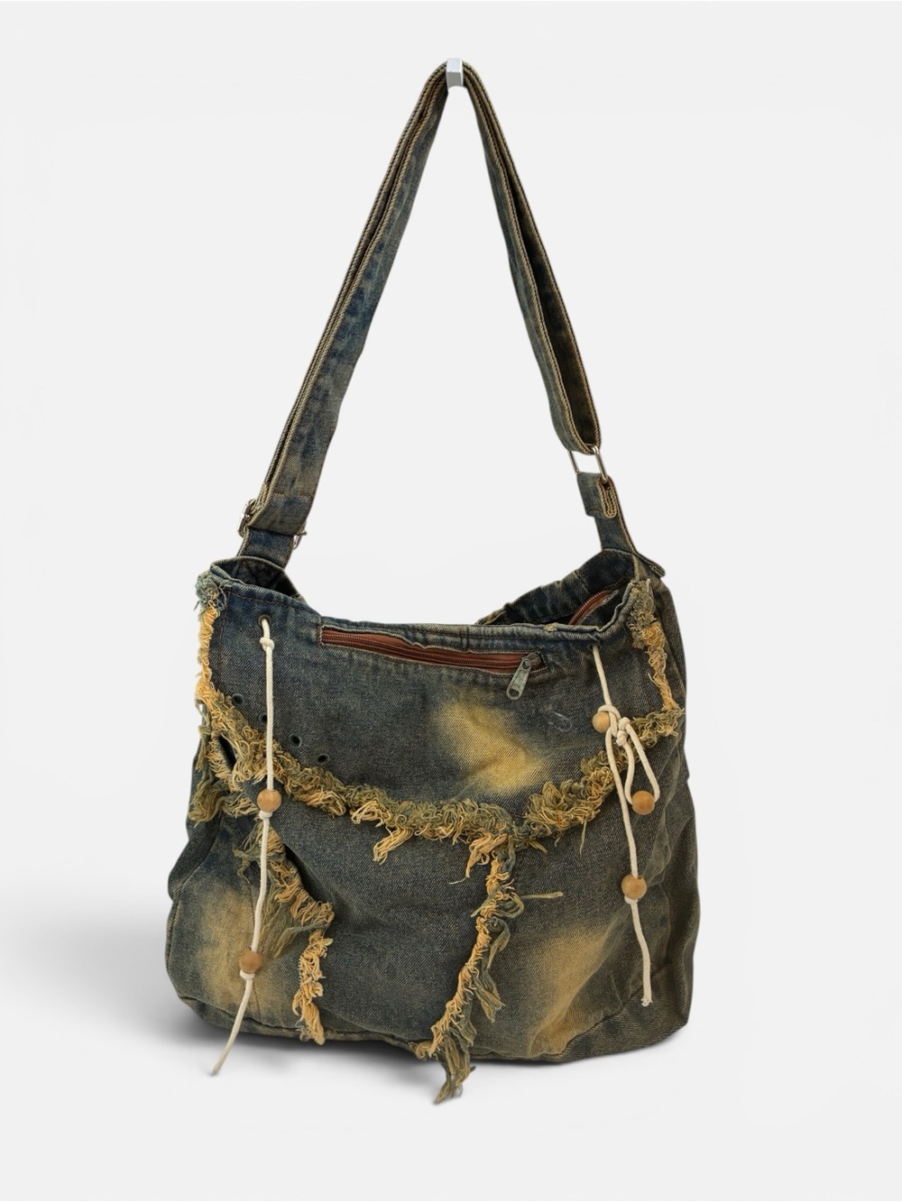 Denim Fringe Shoulder Bag in Distressed Blue